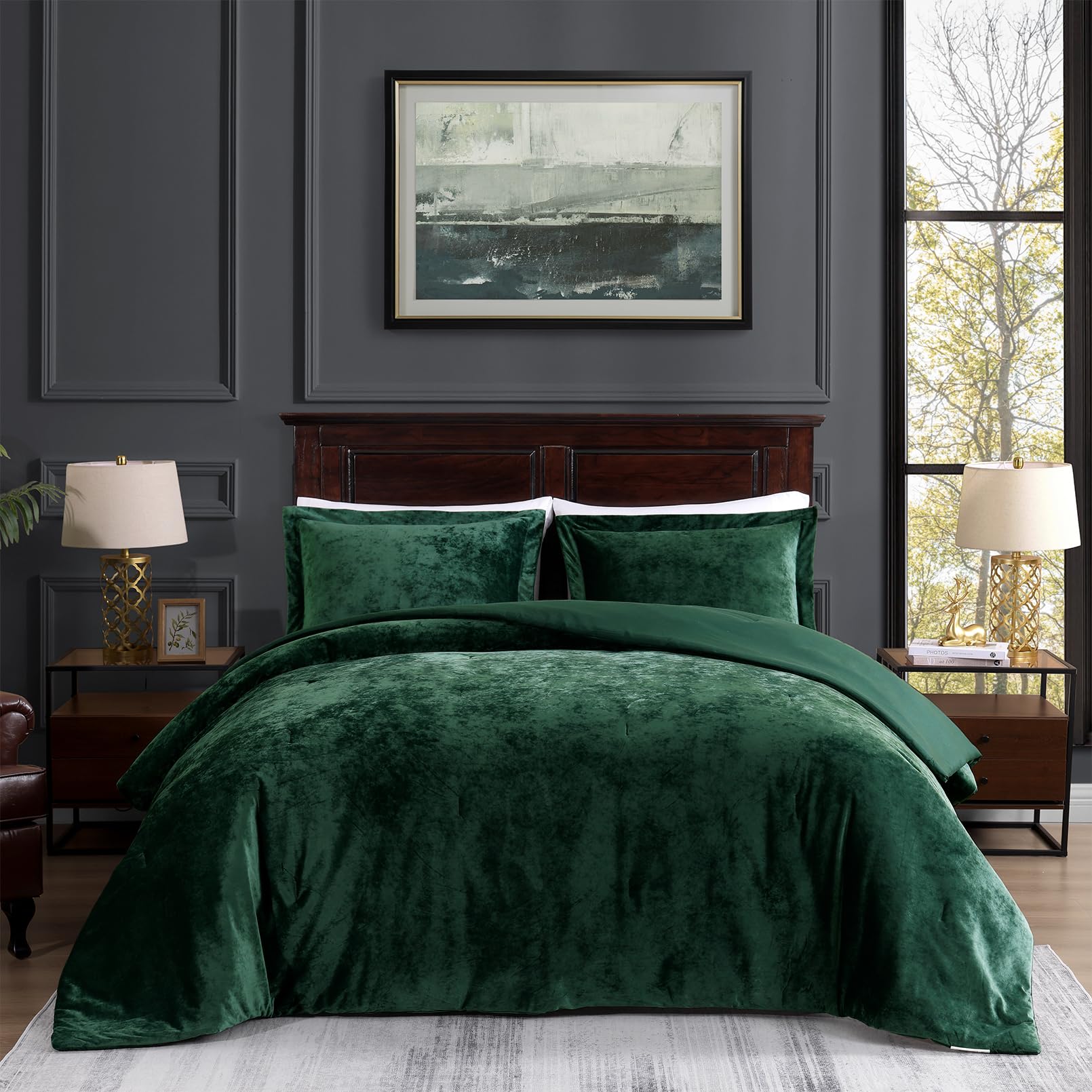 Tamgho Crushed Velvet Comforter King Set, Dark Green Comforter King, Luxury Soft Velvet Bedding Set For All Seasons, 3 Pcs Set,